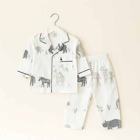 Collar Night Suit - Cotton - White - Animals Kingdom
