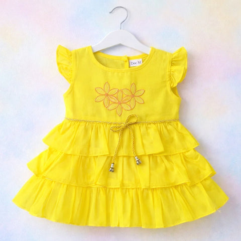 P&P - Short Sleeve - Embroidered Frock - Yellow - Three Flowers