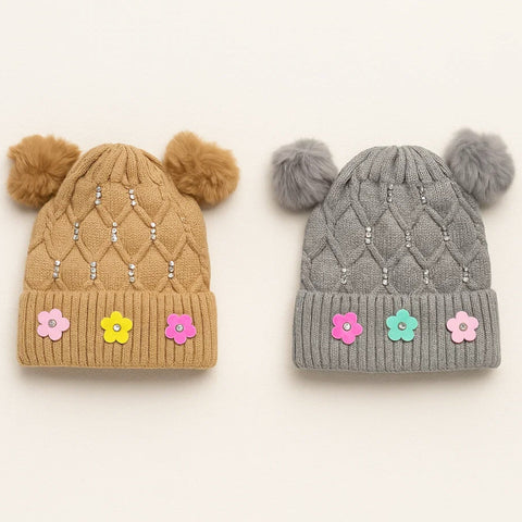 Pack of 2 - Woolen Caps - Brown & Grey - Three Flower Beads - 25