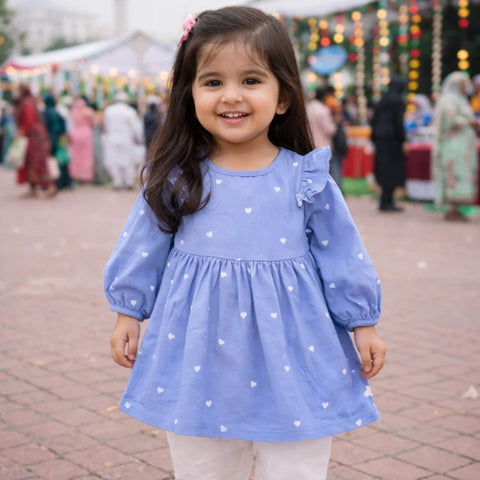 Wow - Cotton Embroidered - Frock - Blue - Hearts