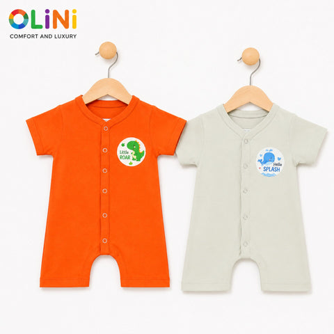OLINI - Cotton Jersey - Pack of 2 - Short Leg Rompers - Orange & Murmur - NUJ