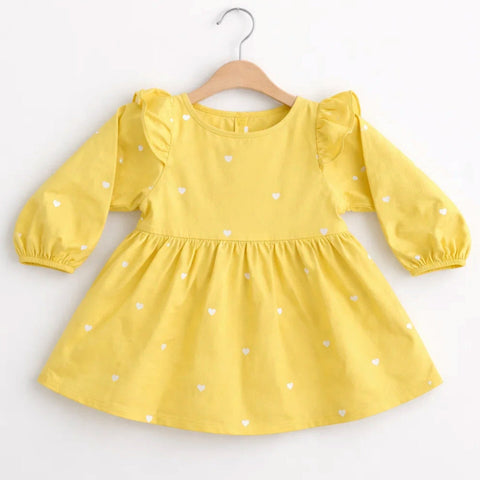 Wow - Cotton Embroidered - Frock - Yellow - Hearts