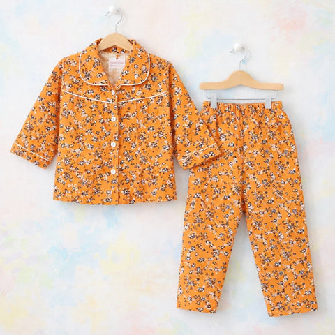 CC - Collar Night Suit - Cotton - Orange - Flowers & Leaves