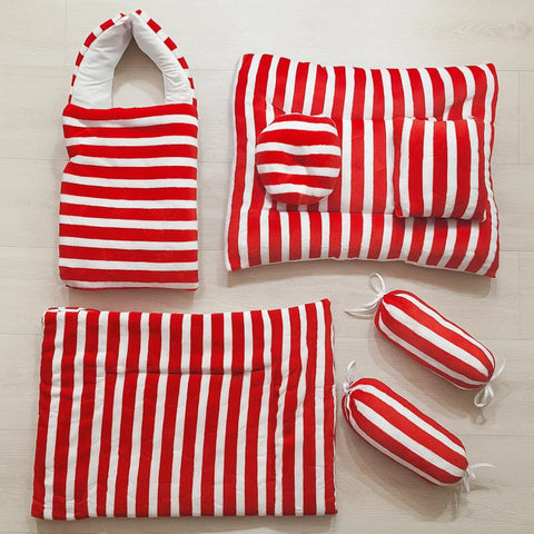 7 Pieces - Velvet Bedding Set - Red - Stripes - 25