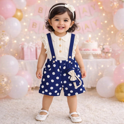 O Baby - 3 Pieces - Dungaree Set - Polka - Navy