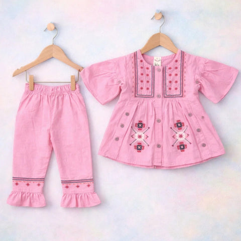 P&P - 2 Pieces - Frock Set - Pink - Embroidered Buttoned