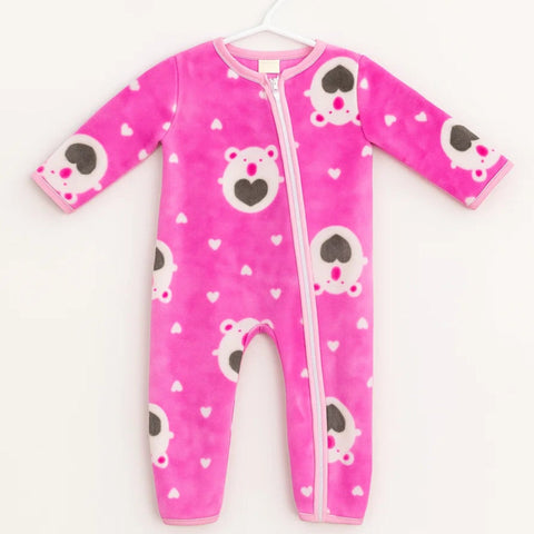Fleece - Zipper Romper - Pink - Bear & Hearts