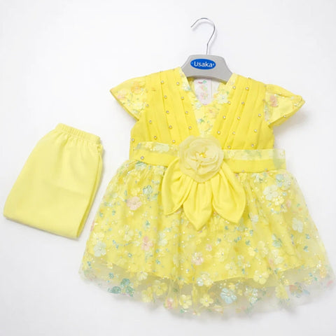 Fancy - 2 Pieces - Frock Set - Yellow - Flowers - 1148 - (1-2 Years)