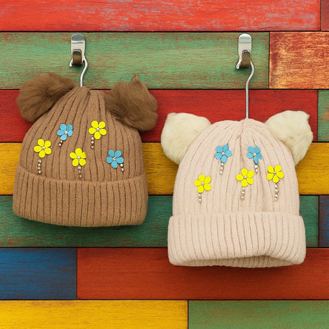 Pack of 2 - Woolen Caps - Brown & Skin - Flowers - 25