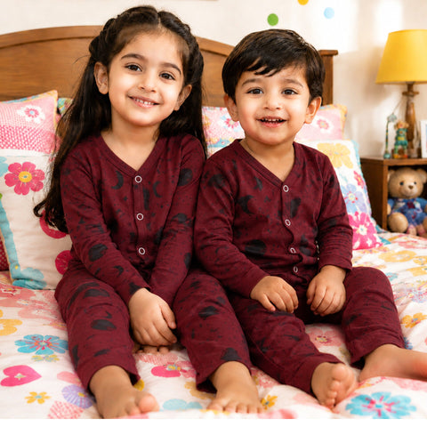 OLINI - Cotton Jersey - Night Suit - Maroon - Moon - NUJ