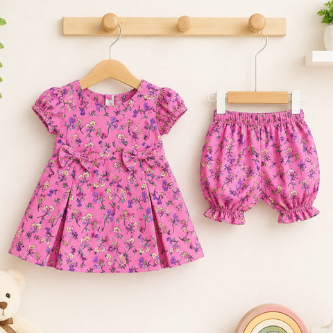 P&P - 2 Pieces - Frock Set - Pink - Flowers & Bow