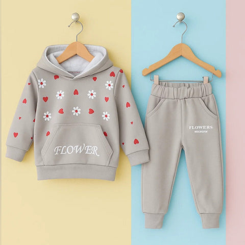 Mini - 2 Pieces - Hooded Set - Grey - Flowers & Hearts