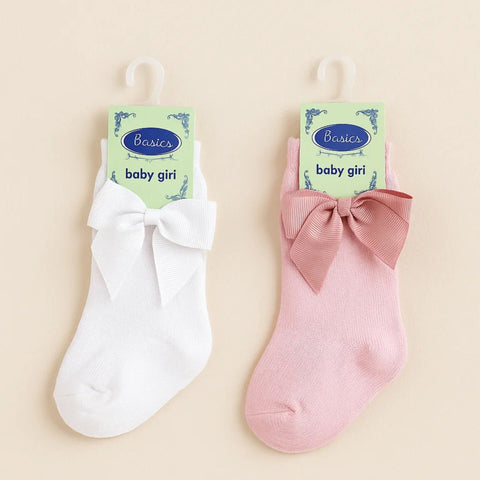 Chieea - Pair of 2 - Long Socks - Bow - White & Pink