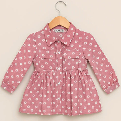 Wow - Corduroy Frock - Long Sleeves - Pink - Flowers