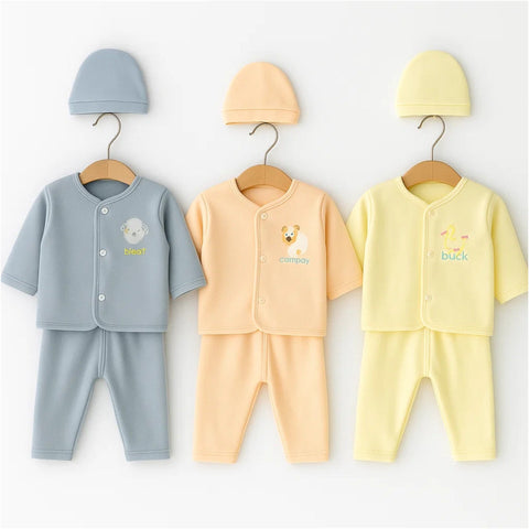 Fleece - 3 Pack - Newborn Night Suits - Yellow Grey Peach - Animals