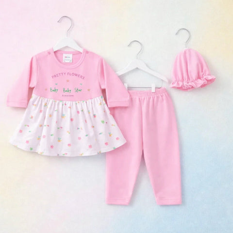 Charm - 3 Pieces - Newborn Frock Set - Pretty Flowers - Pink - Thailand