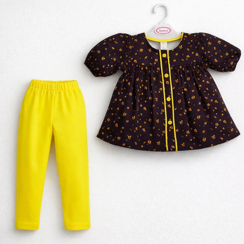 P&P - 2 Pieces - Frock Set - Dark Brown - Mini Flowers