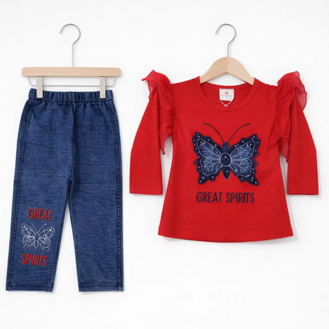 HT - 2 Pieces - Suit Set - Red - Butterfly - 1103