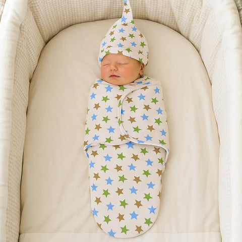 Swaddle with Cap - Green & Blue - Stars