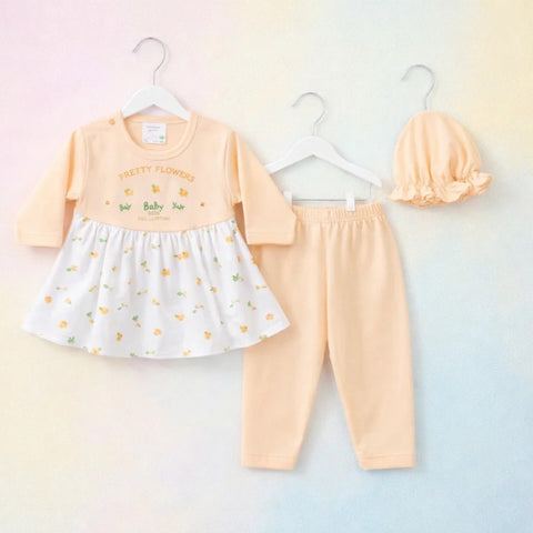 Charm - 3 Pieces - Newborn Frock Set - Pretty Flowers - Peach - Thailand
