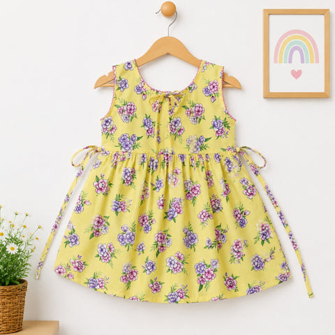 P&P - Sleeveless - Cotton Frock - Yellow - Purple Flowers & Leaves