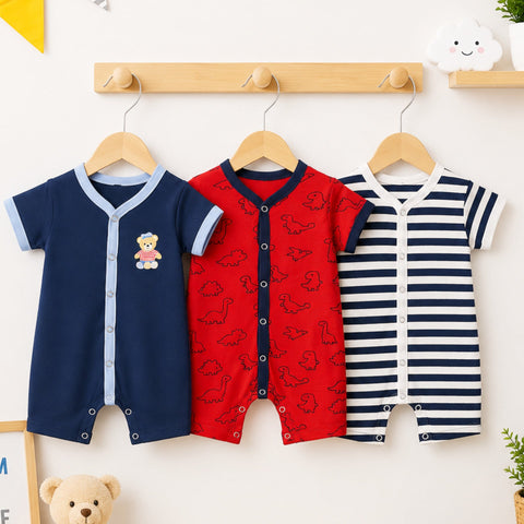 LO - Cotton Jersey - Pack of 3 - Short Leg Rompers - Navy & Red - Stripes & Dino