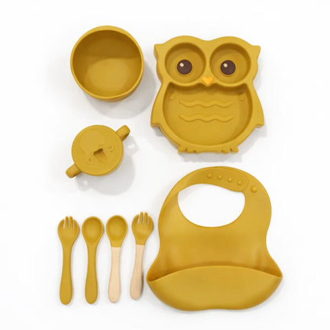 8 Pieces - Silicon Feeding Set - Owl - Yellow