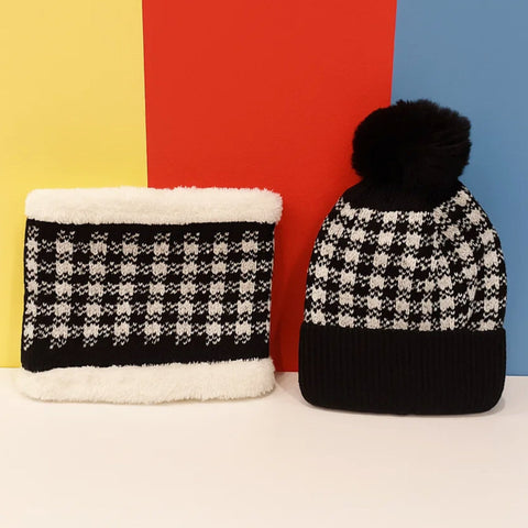 Wool Cap With Muffler - Pom Check - Black