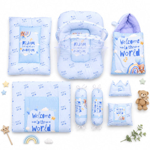 8 Pieces - Cotton Bedding Set - Blue - Welcome - 26
