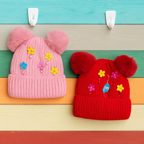 Pack of 2 - Woolen Caps - Red & Pink - Flowers - 25