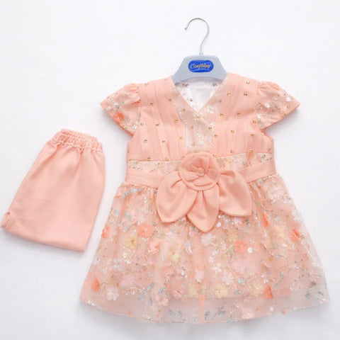 Fancy - 2 Pieces - Frock Set - Peach - Flowers - 1148 - (1-2 Years)