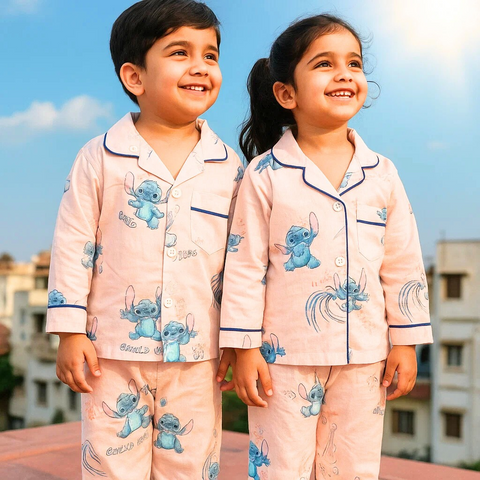 Collar Night Suit - Cotton - Pink - Stitch Vibes