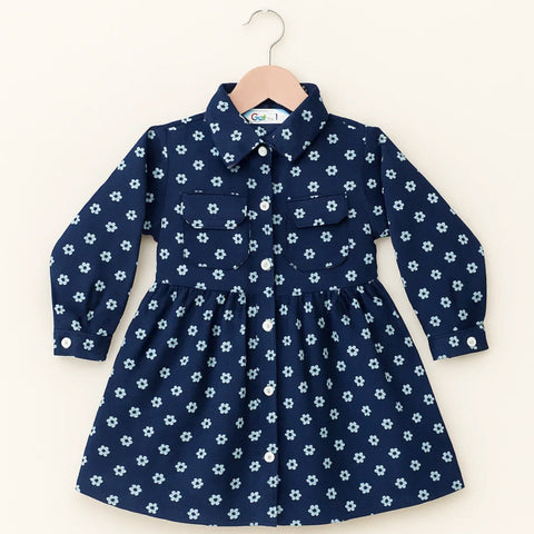 Wow - Corduroy Frock - Long Sleeves - Blue - Flowers