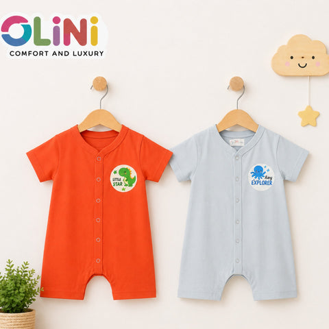 OLINI - Cotton Jersey - Pack of 2 - Short Leg Rompers - Orange & Sky - NUJ