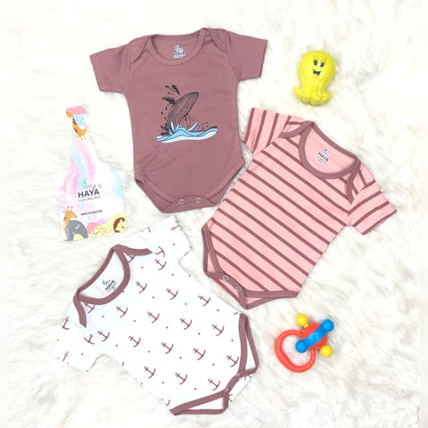 HY - Pack of 3 - Cotton Interlock - Short Sleeve - Bodysuits - Pink
