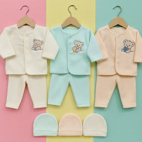 Fleece - 3 Pack - Newborn Night Suits - Peach Green Yellow - Bears - 25