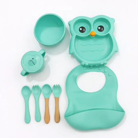 8 Pieces - Silicon Feeding Set - Owl - Sea Green