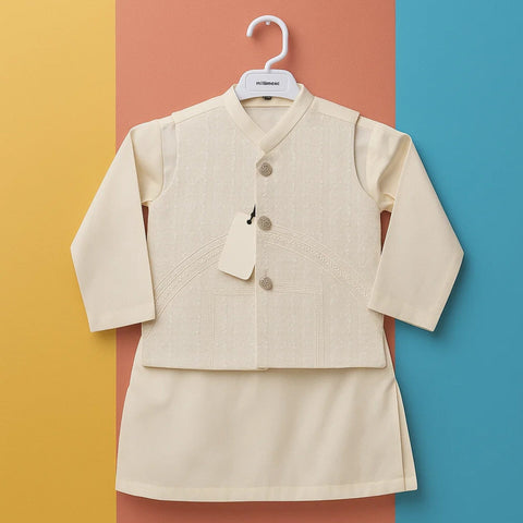 TBS - 3 Pieces - Waist Coat Kurta Shalwar - Wash N Wear - Off White