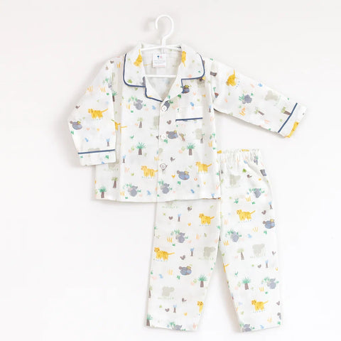 Collar Night Suit - Cotton - White - Jungle Life