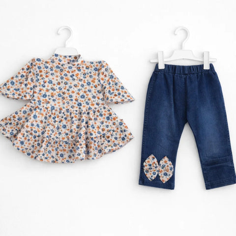 EF - 2 Pieces - Frock Set - Off White - Flowers - 0598 - (0-6 Months)