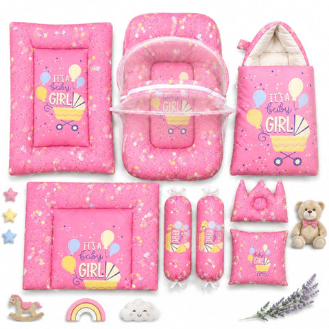 8 Pieces - Cotton Bedding Set - Pink - Cart & Girl - 26