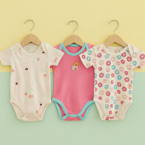 TBS - Pack of 3 - Short Sleeve Bodysuits - Pink - Crown & Donuts