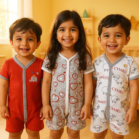 LO - Pack of 3 - Short Leg Rompers - Red - Elephant