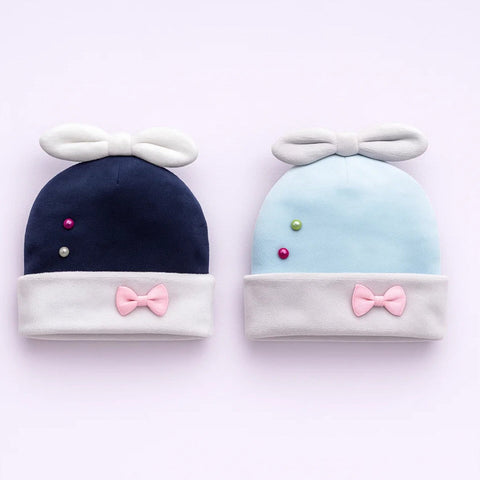 Pack of 2 - Velvet Caps - Black & Blue - Two Beads Bow - 25