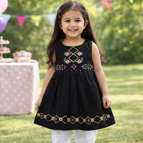 P&P - Short Sleeve - Embroidered Frock - Black - Polka Bow