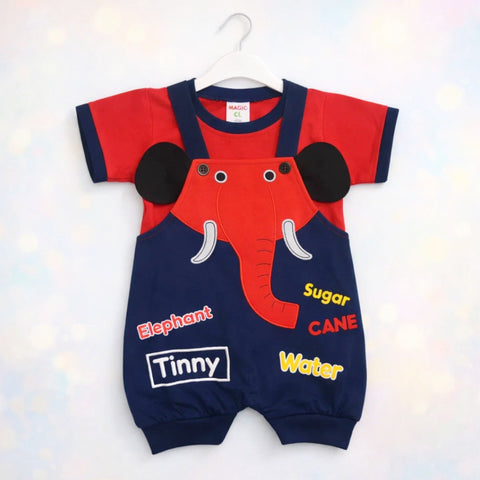 Hungle - 2 Pieces - Dungaree Set - Red & Navy - Elephant