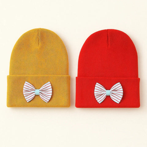 Pack of 2 - Woolen Caps - Red & Green - Striped Bow - 25