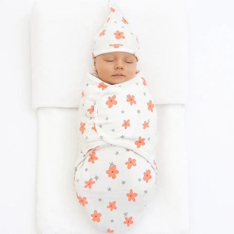 Swaddle with Cap - Peach & Grey - Flowers