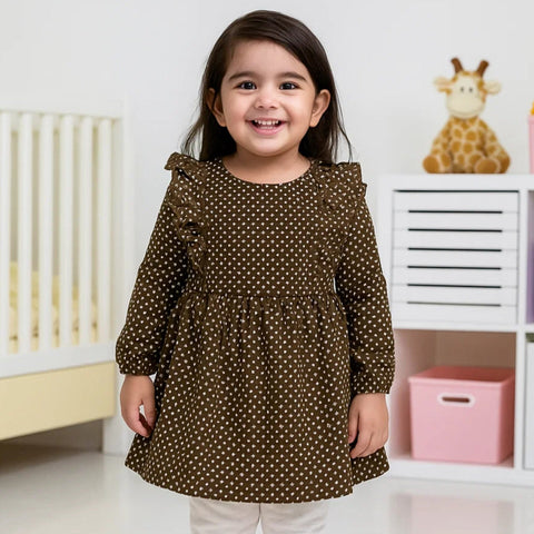 Corduroy Frock - Long Sleeves - Brown - Dots - 25
