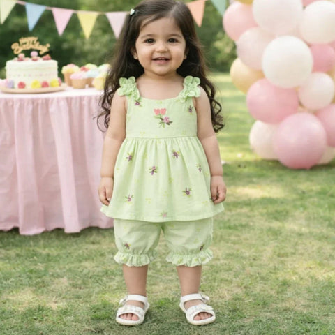 P&P - 2 Pieces - Frock Set - Green - Butterfly & Flowers